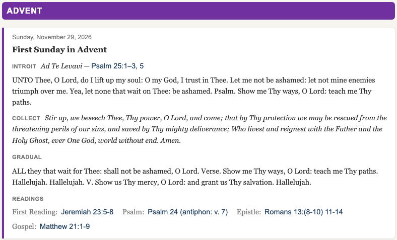 The propers page showing the First Sunday in Advent with its introit, collect, gradual, and readings under a violet Advent header.