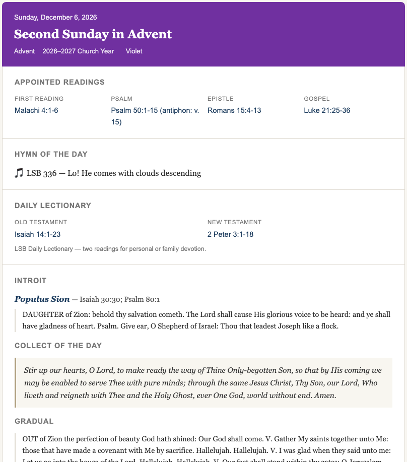 A date-lookup card for the Second Sunday in Advent with a violet header, appointed readings, Hymn of the Day, daily lectionary, introit, collect, and gradual.