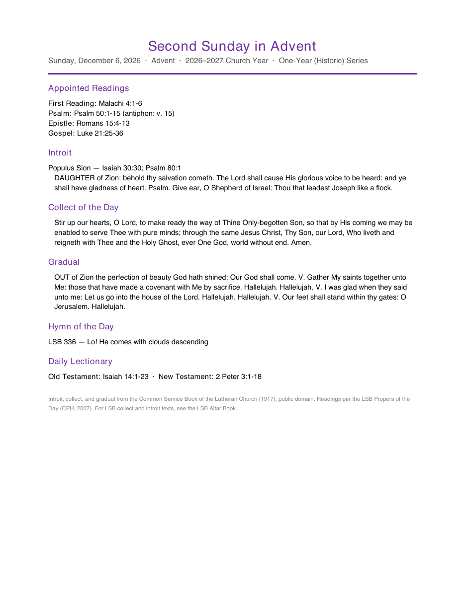A printed one-page Propers for the Day PDF for the Second Sunday in Advent.