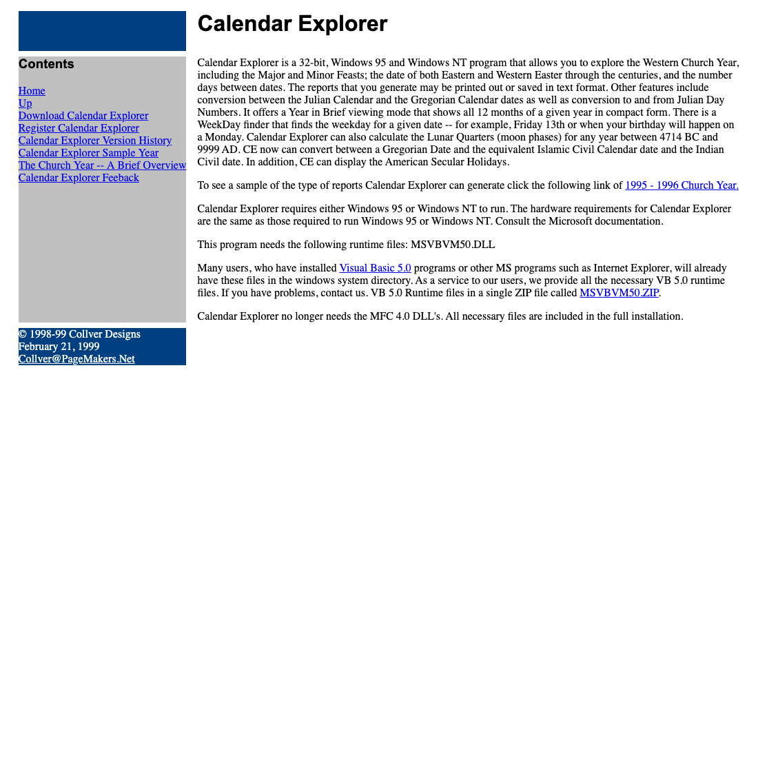 The 1999 Calendar Explorer product webpage, archived by the Wayback Machine