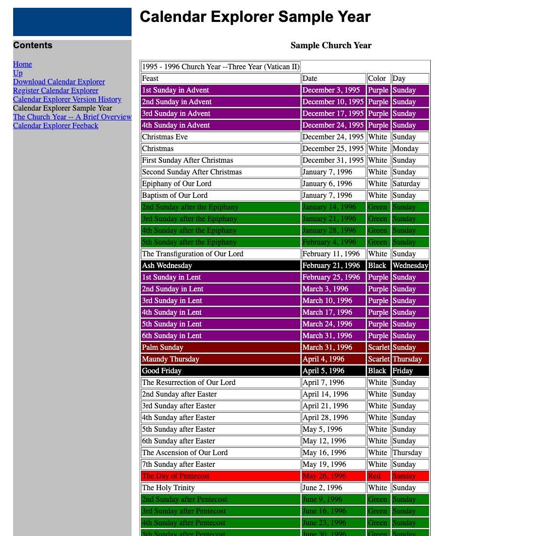 Calendar Explorer sample church year 1995-1996 with color-coded liturgical seasons