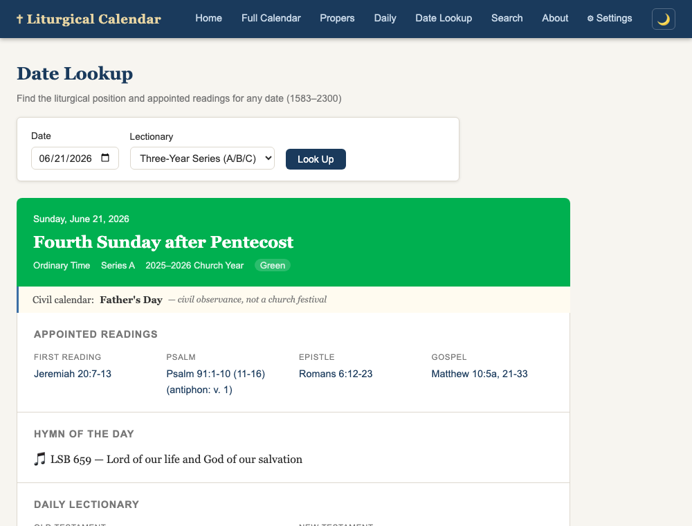 A date lookup showing the Fourth Sunday after Pentecost with Father's Day noted beneath it