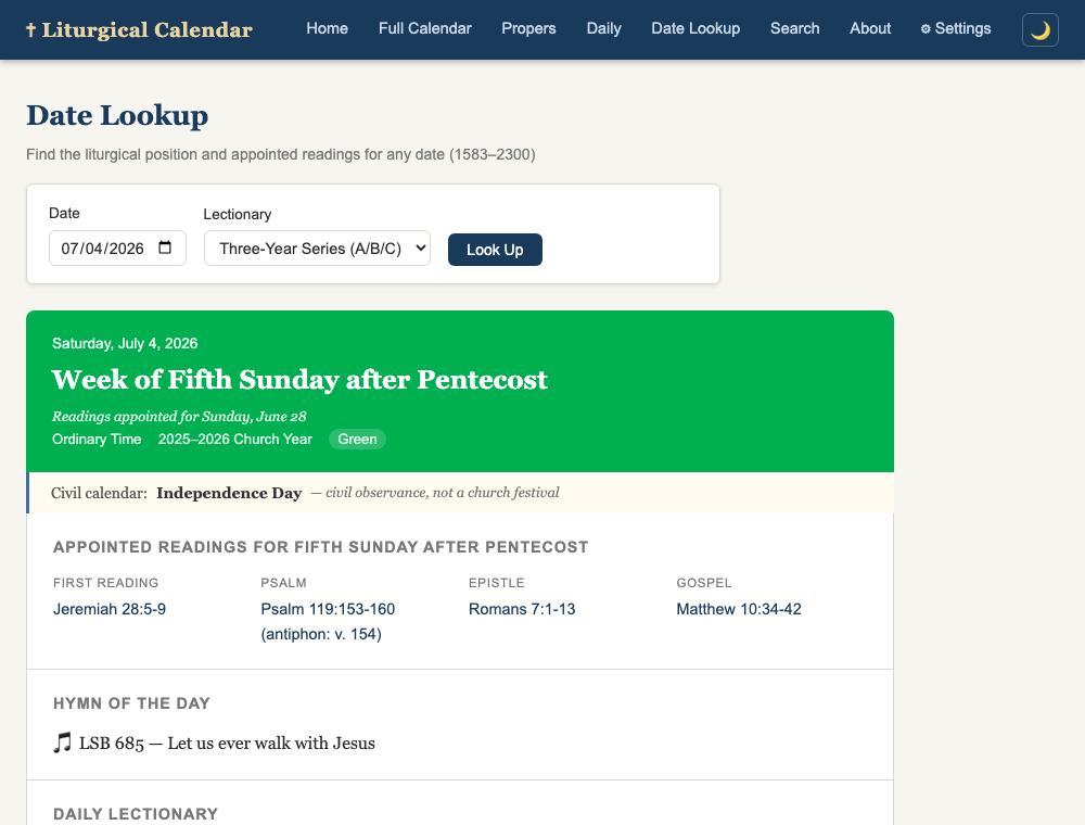 A date lookup showing a Sunday that falls on Independence Day