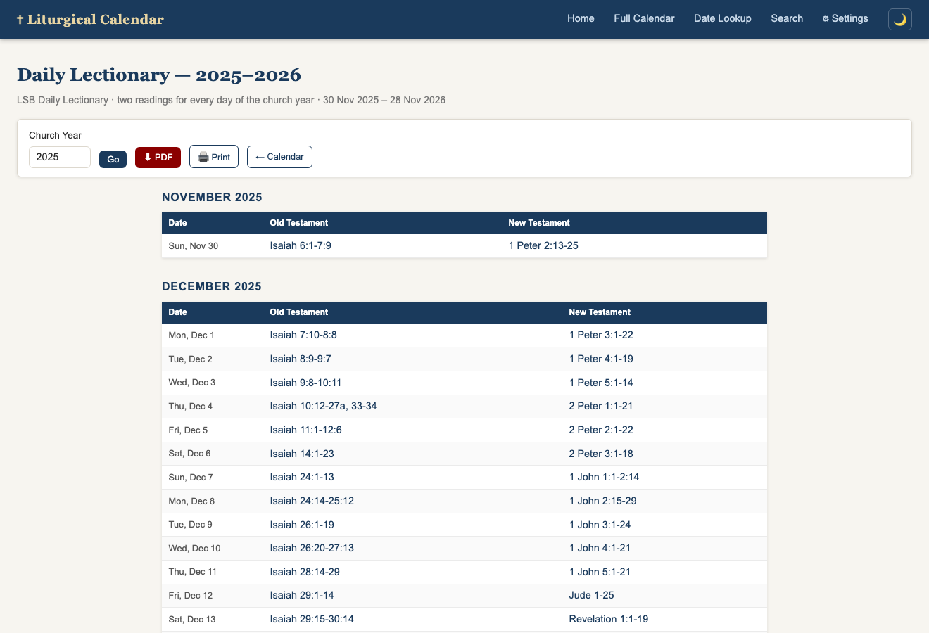 Full-year daily lectionary chart