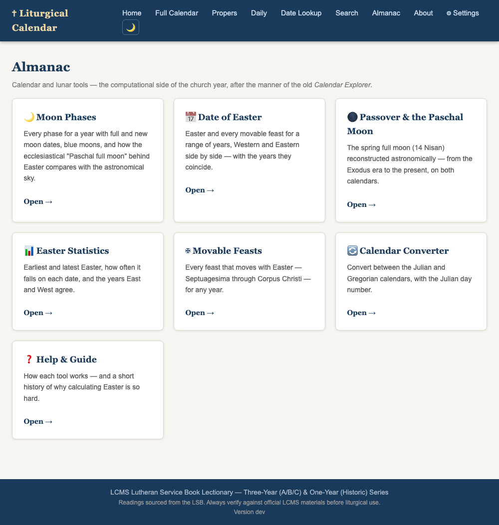 The Almanac hub page with cards for each tool