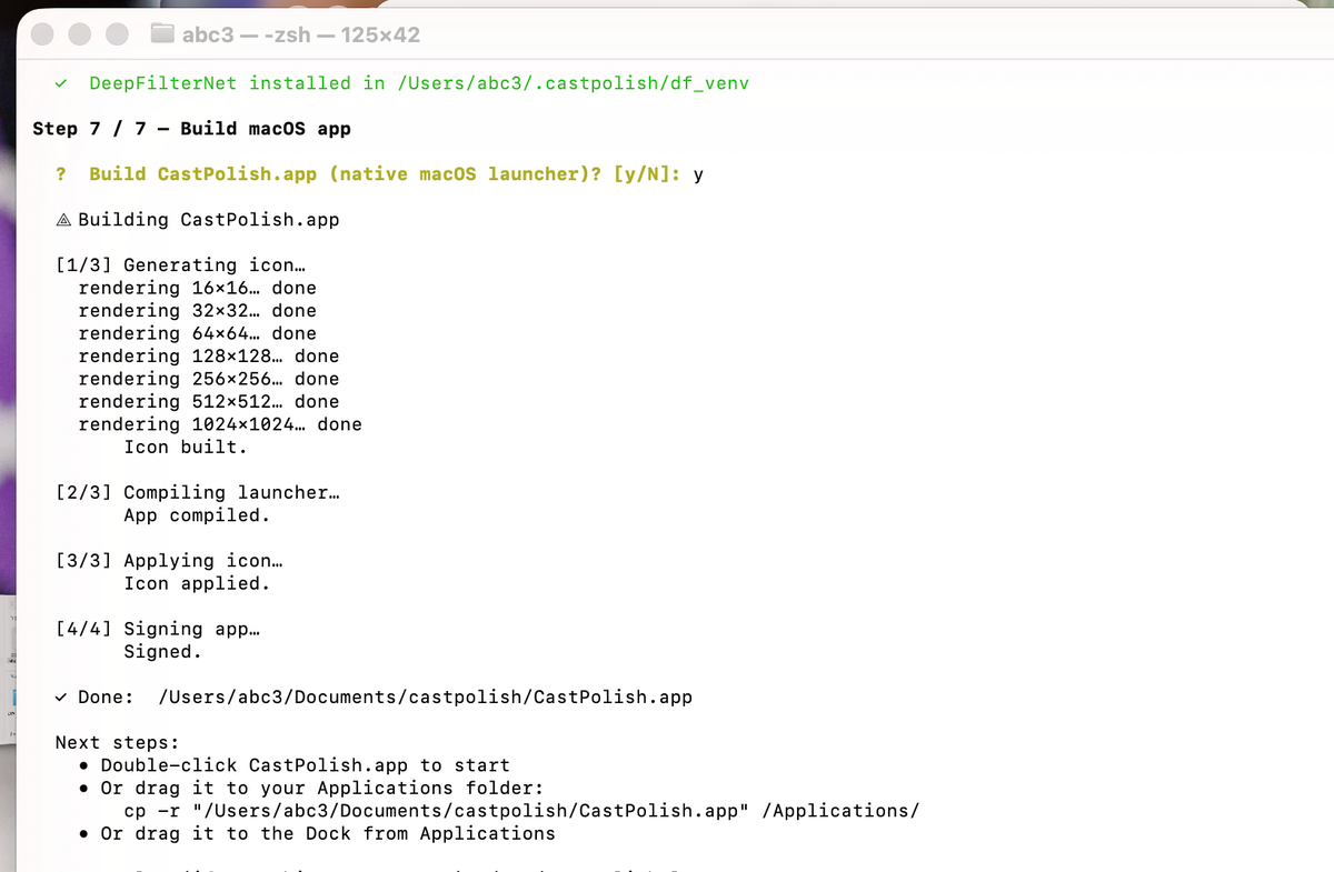 CastPolish installer Terminal — Step 7 building CastPolish.app