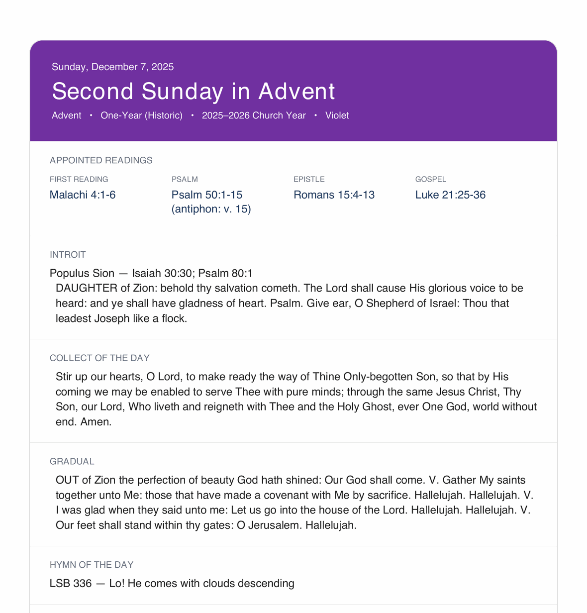 The one-page Propers for the Day sheet for the Second Sunday in Advent in the One-Year (Historic) series, showing introit, collect, and gradual under a violet Advent header.