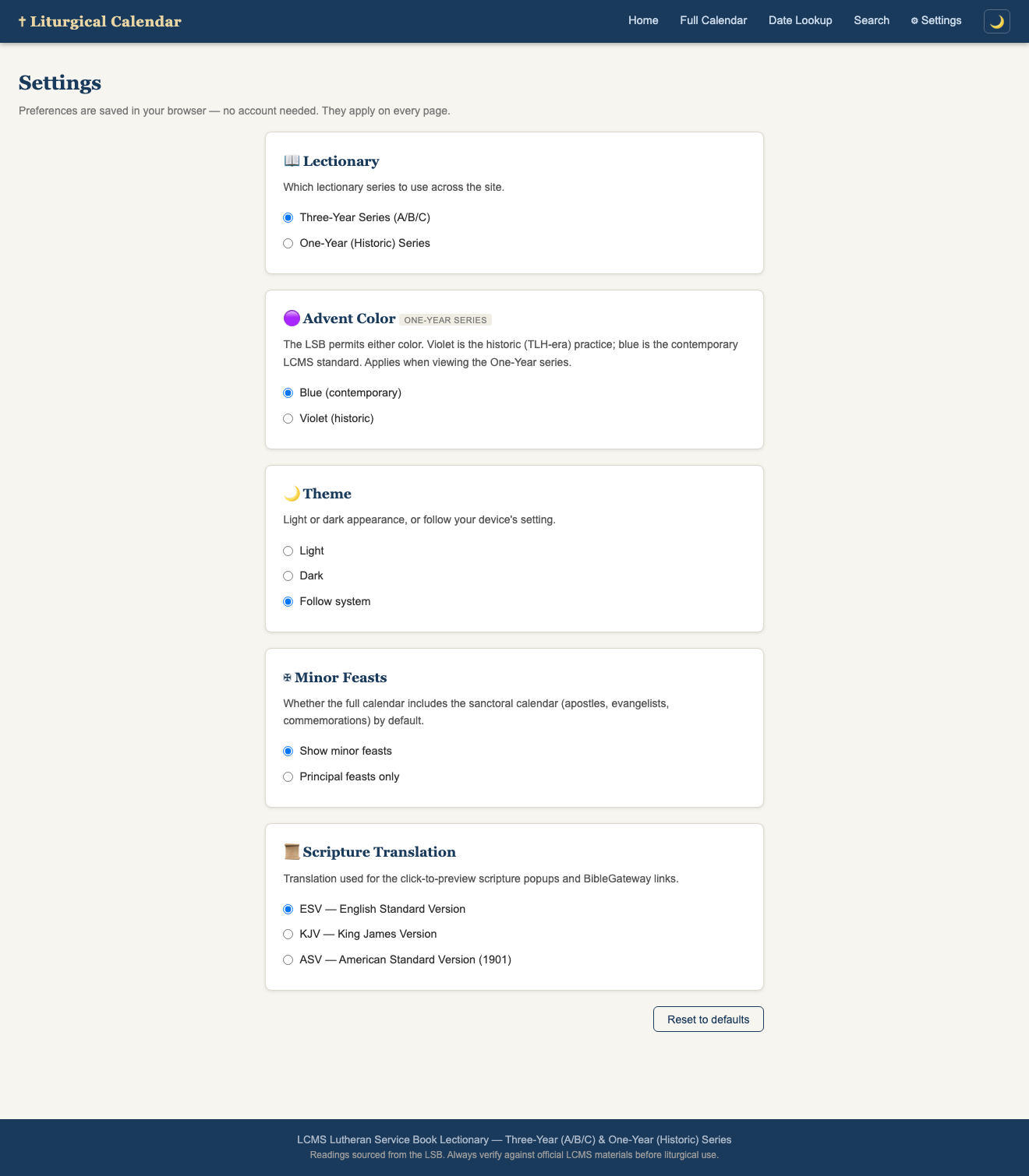 Settings page with lectionary, Advent color, theme, and translation preferences