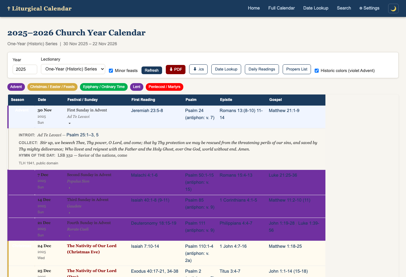 One-year calendar with historic violet Advent and an expanded propers row