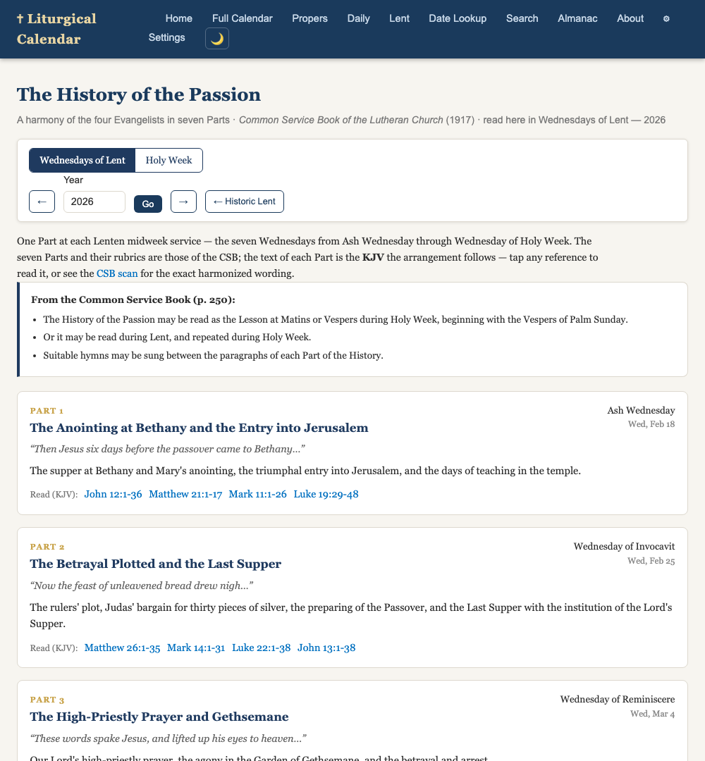 The Passion History in seven Parts, on a toggle between the Wednesdays of Lent and Holy Week.