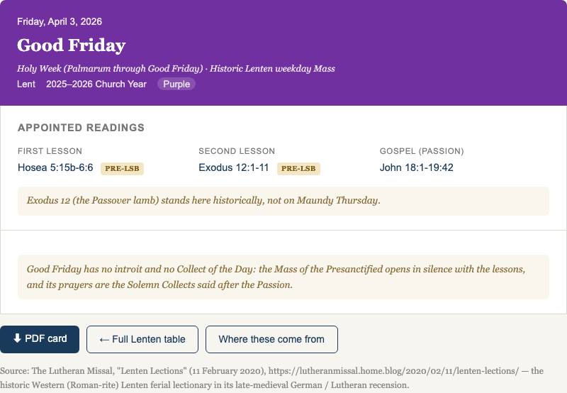 Good Friday's day card, with the note explaining the Mass of the Presanctified has no introit or collect