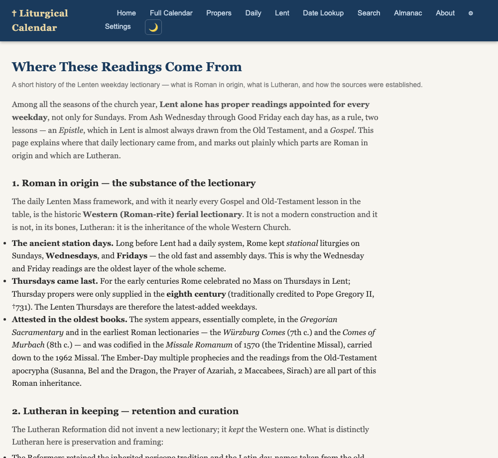 Every reading is documented: what is Roman in origin, and what is Lutheran.