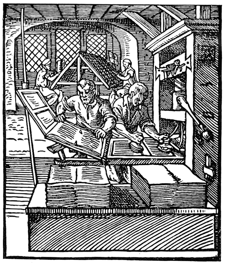 A 1568 woodcut of a print shop: compositors setting type in the background, pressmen inking and pulling at a wooden press in front
