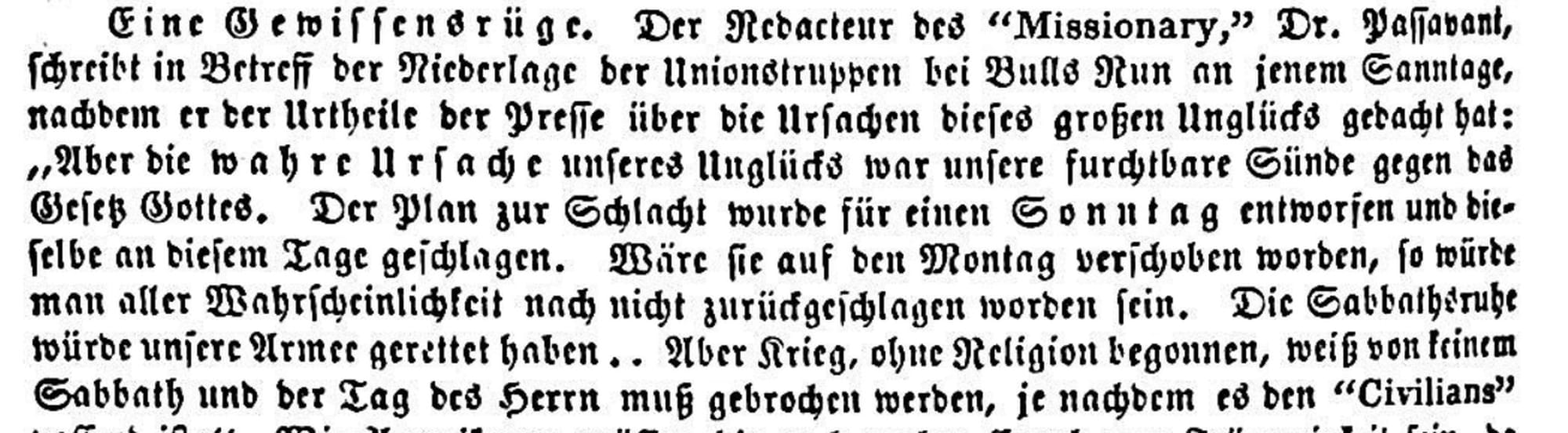 Eine Gewissensrüge — the September 1861 item in Fraktur quoting Dr. Passavant on the defeat at Bull Run