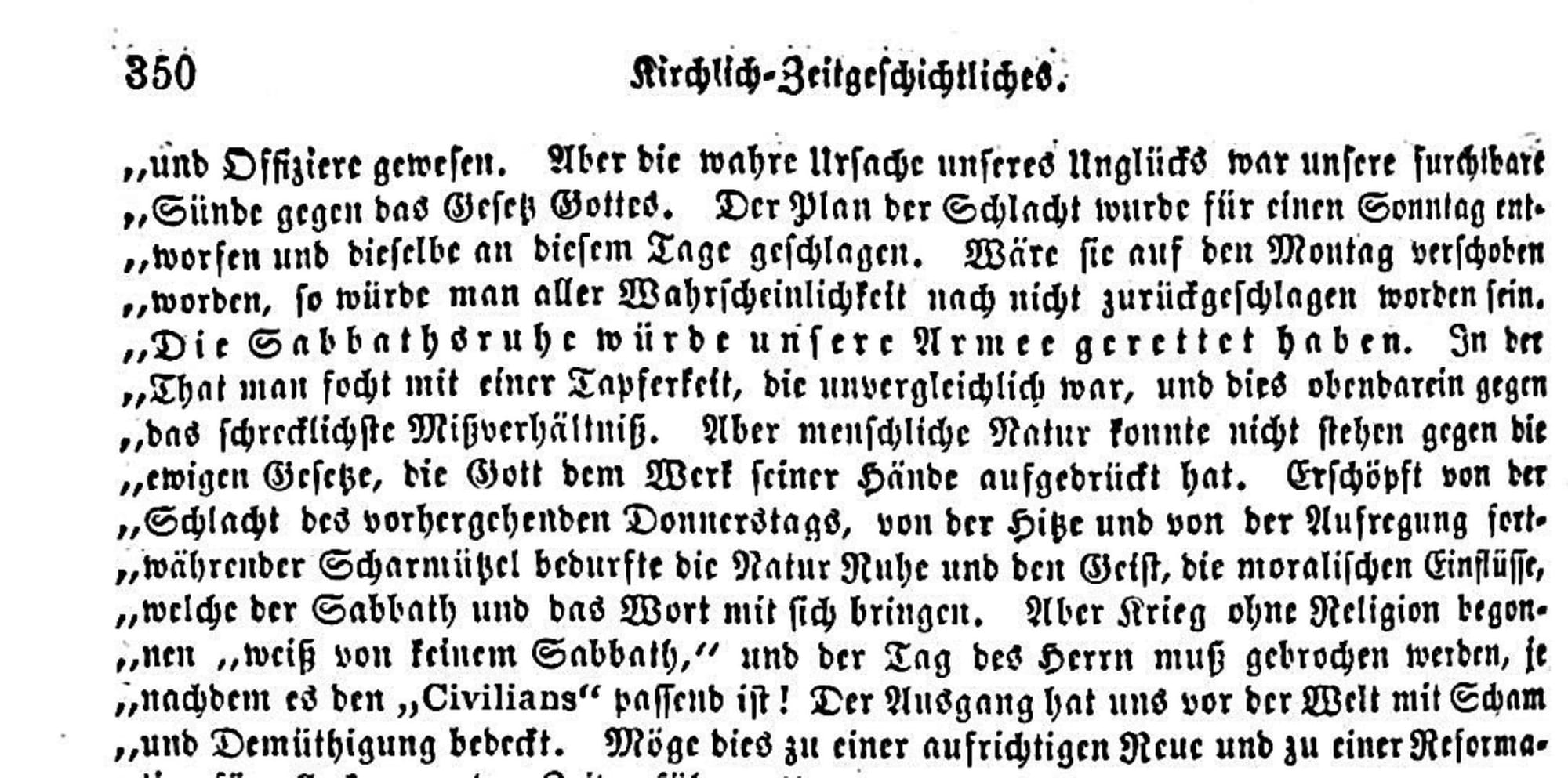 The reprinted Missionary notice in Fraktur, every line opening with quotation marks, with the letterspaced sentence Die Sabbathsruhe würde unsere Armee gerettet haben