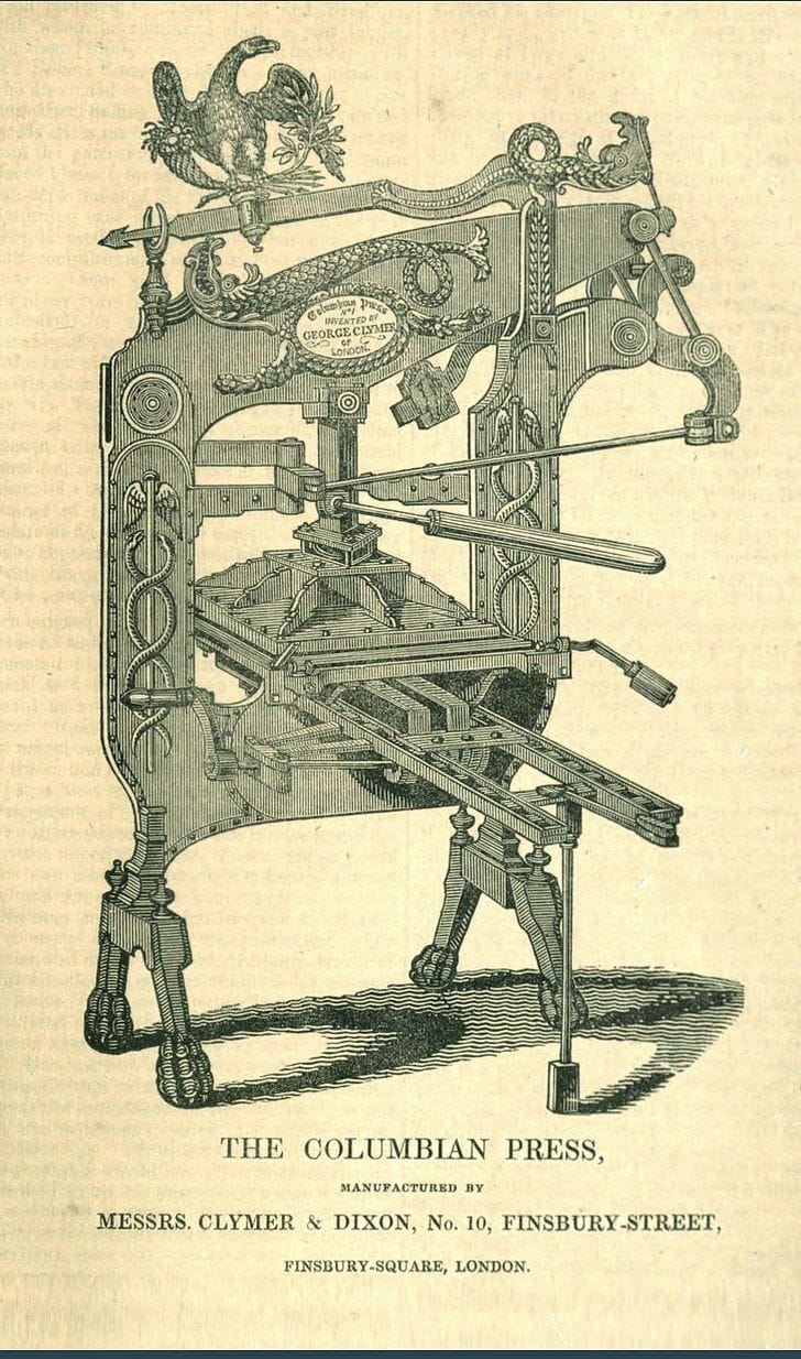 An engraving of the Columbian iron handpress, an ornate cast-iron press with an eagle-shaped counterweight on top