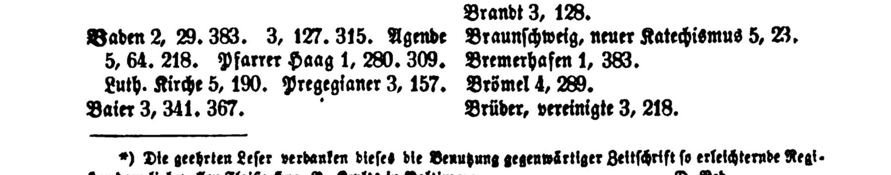 Footnote in six-point Fraktur crediting the register to the loving diligence of Pastor Keyl in Baltimore