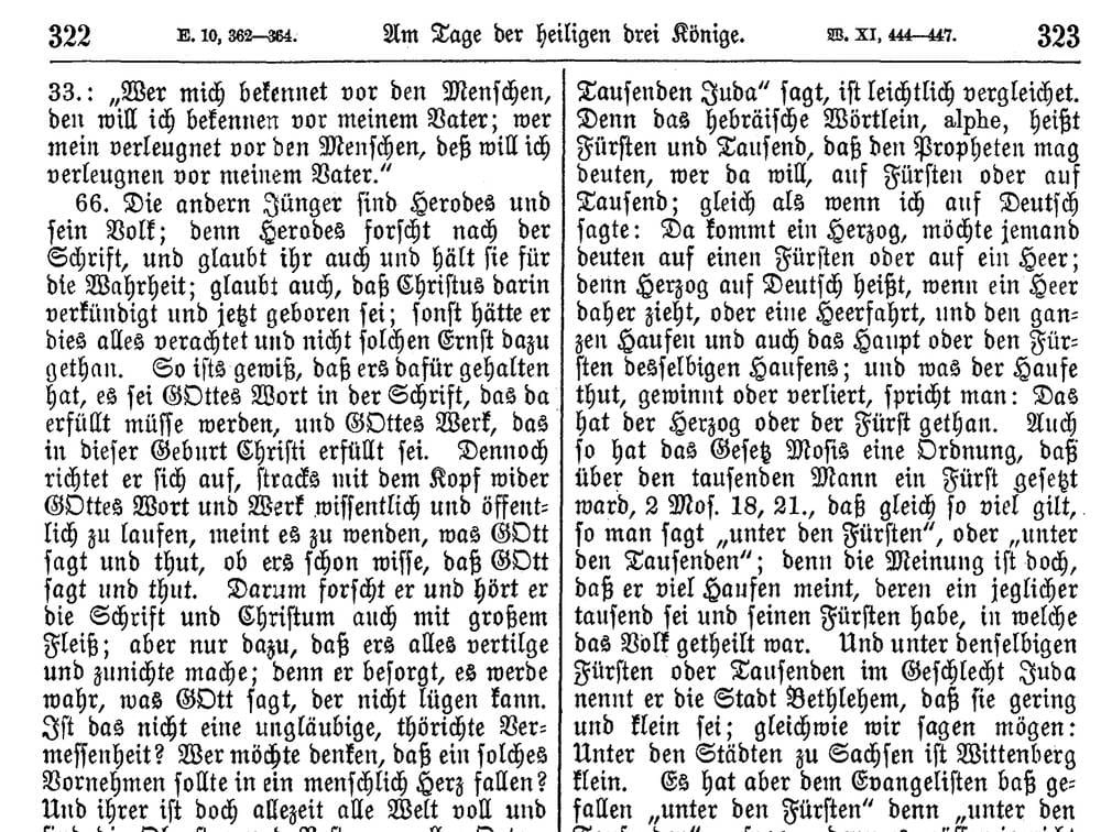 Volume 11, columns 322–323. Column numbers at the outer corners; between them the running title, flanked by the editors’ cross-references: E. 10, 362–364 (Erlangen) and W. XI, 444–447 (old Walch).